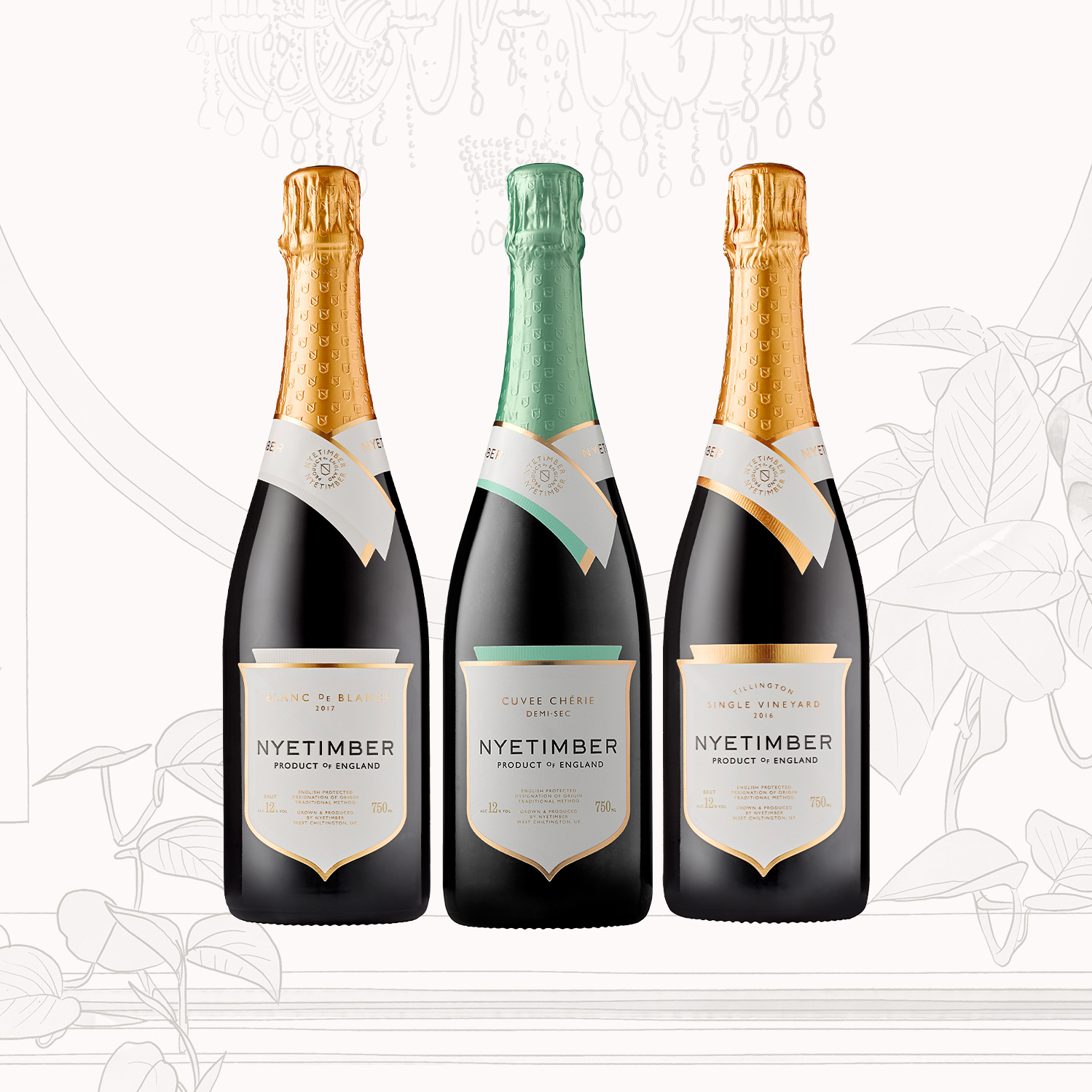 Nyetimber Connoisseur Case with three bottles of English sparkling wine – Tillington Single Vineyard 2016, Blanc de Blancs 2017, and Cuvée Chérie Multi-Vintage case.