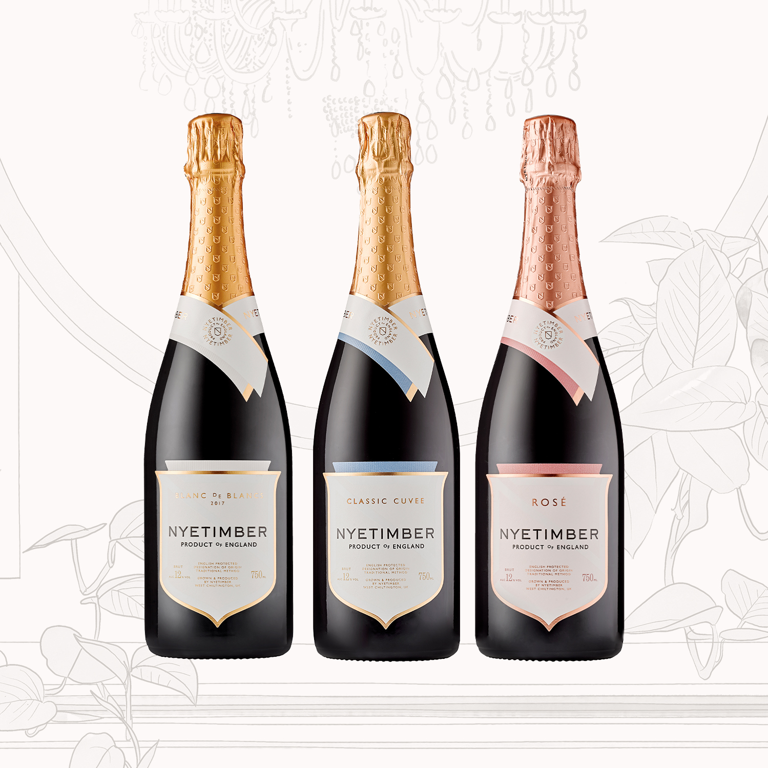 Nyetimber Icon Case with 3 bottles of English sparkling wine – Classic Cuvee MV, Rosé MV, and Blanc de Blancs 2017 luxury gift set.