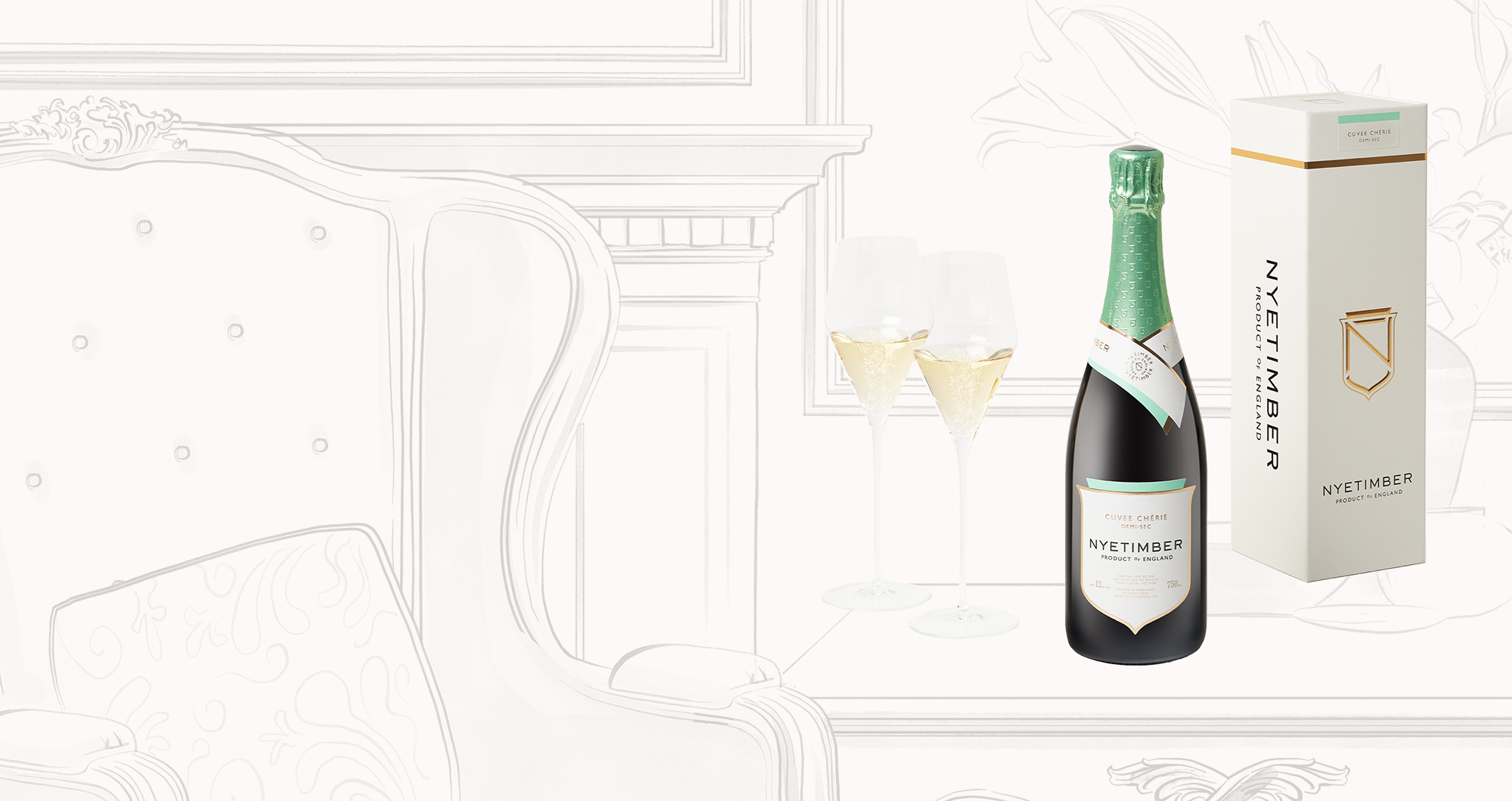 CHERIE GLASSES, BOTTLE AND BOX ANGLED