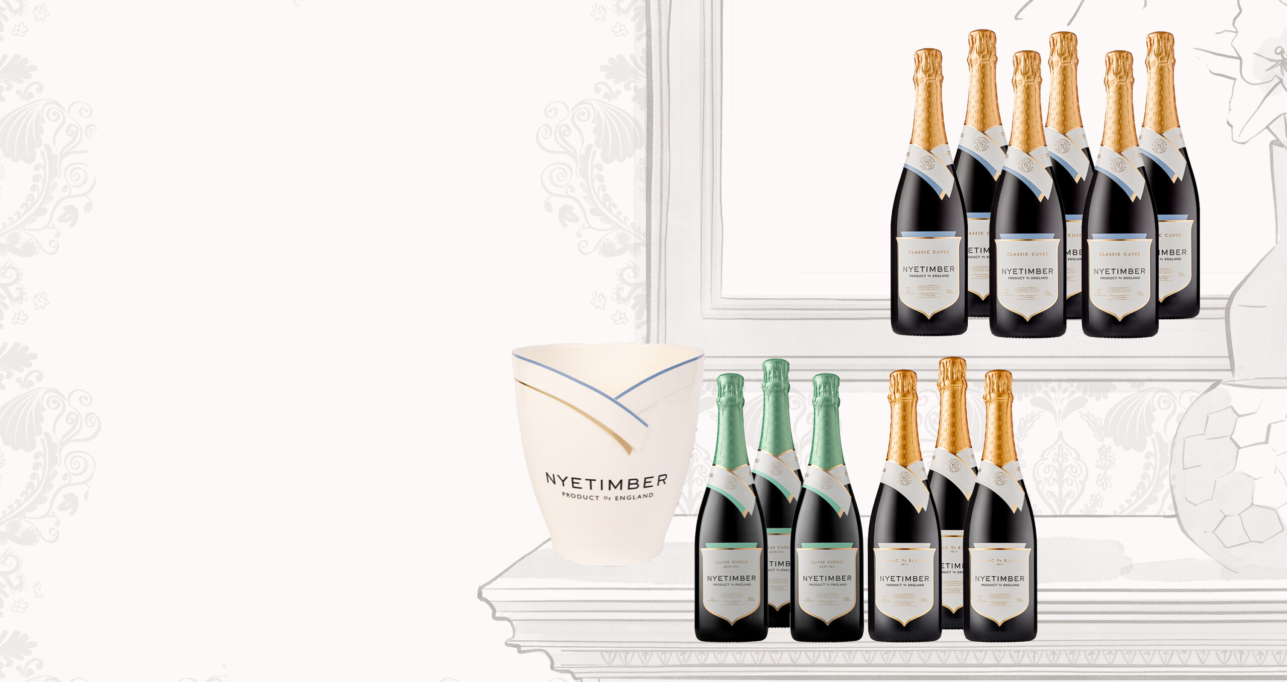 Nyetimber Celebration Case with ice bucket – English sparkling wine case including Classic Cuvee, Blanc de Blancs 2016, and Cuvée Chérie.