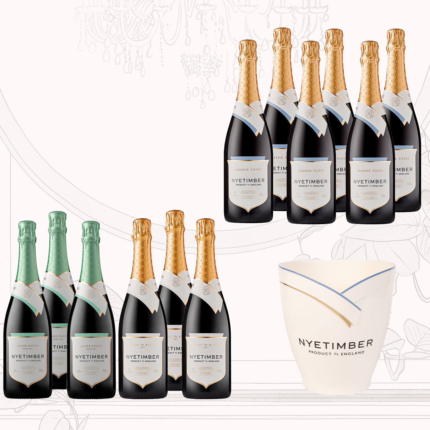 Nyetimber Celebration Case with ice bucket – English sparkling wine case including Classic Cuvee, Blanc de Blancs 2016, and Cuvée Chérie.